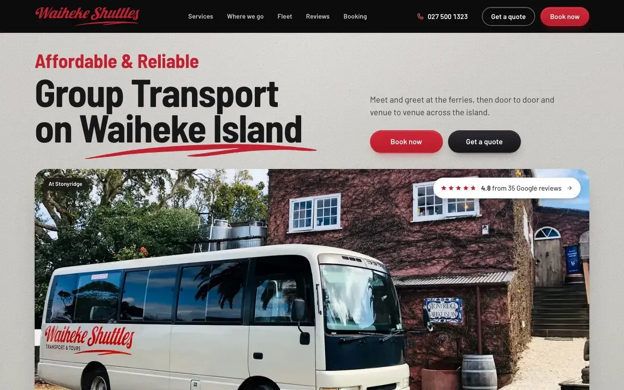The new Waiheke Shuttles home page. Group Transport on Waiheke Island in large type, above a photo of a shuttle bus.