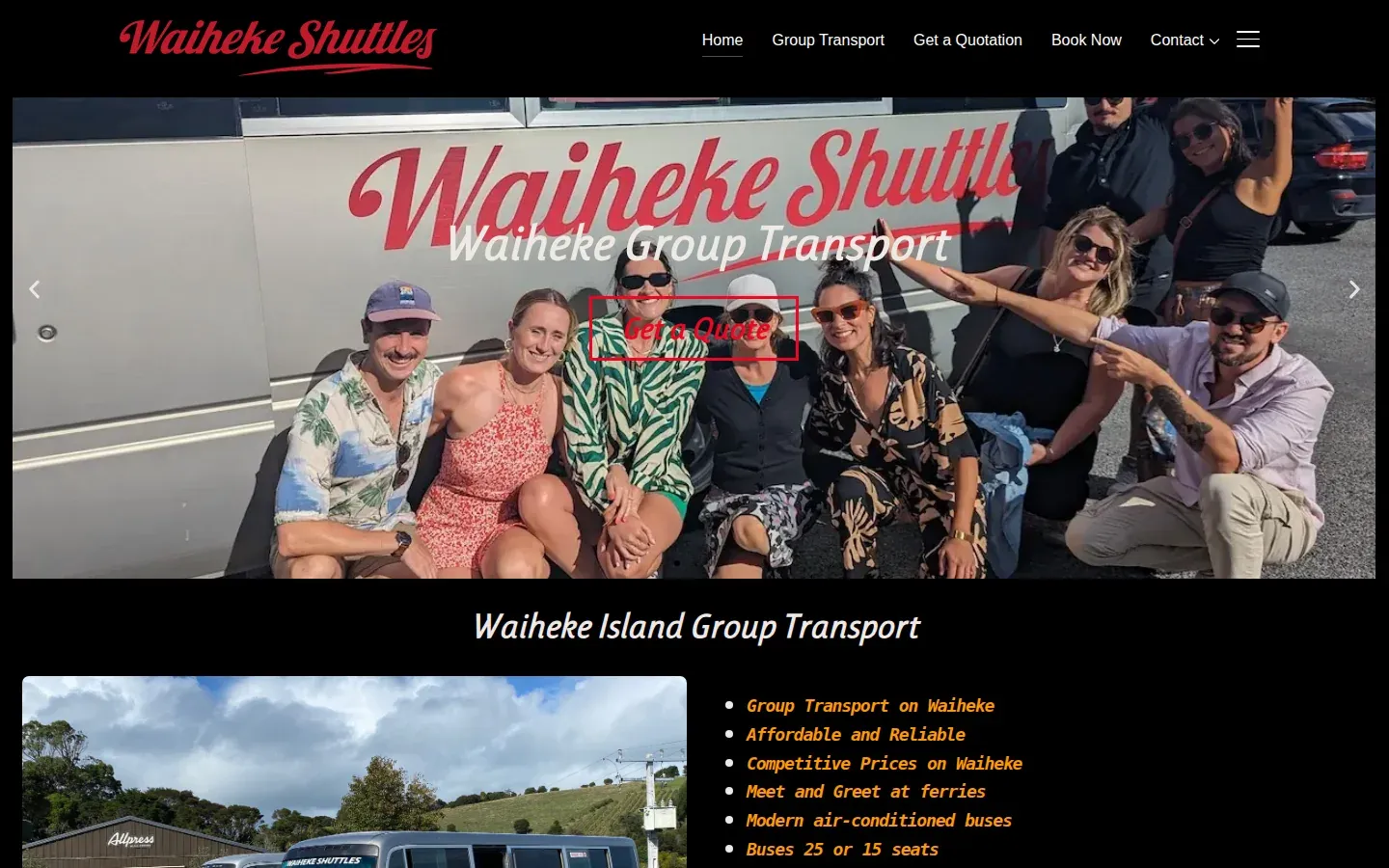 The Waiheke Shuttles home page as it was in September 2026. A group photo beside a shuttle bus, under the words Waiheke Group Transport.