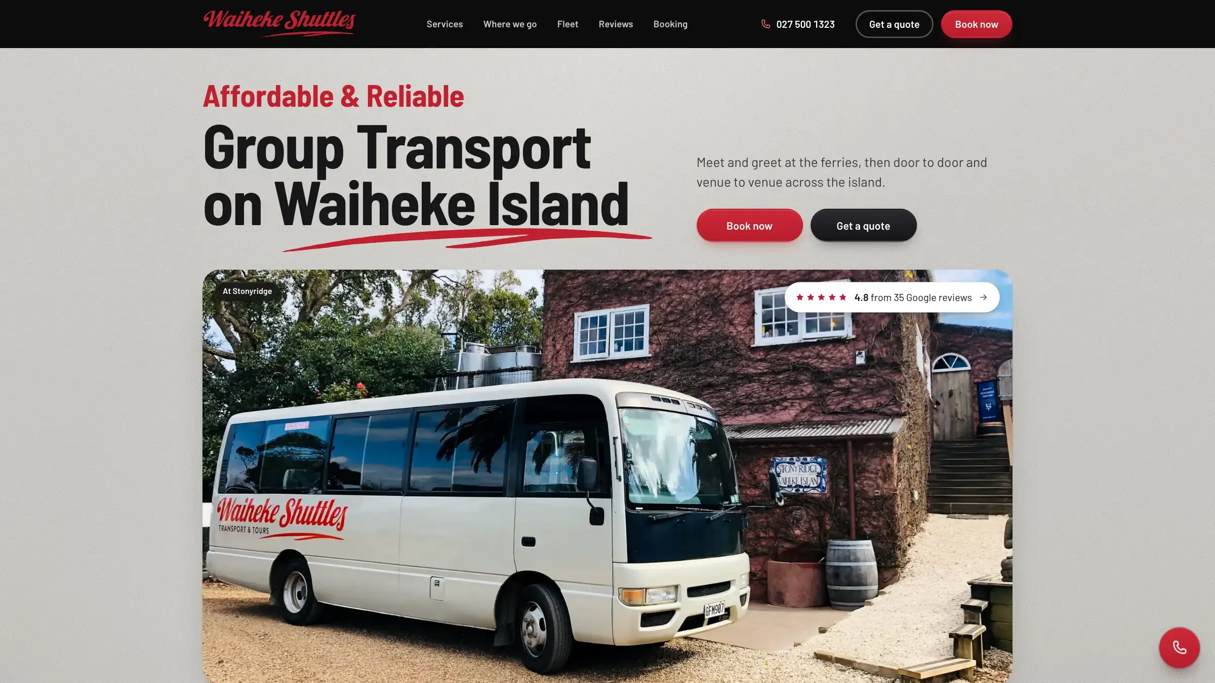 Website rebuild for Waiheke Shuttles, shown on a desktop browser.