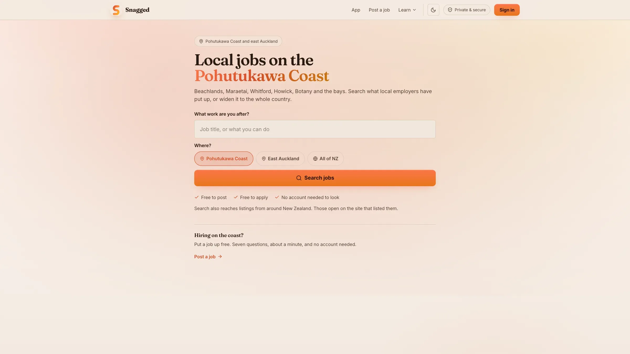 Snagged home page, the first screen on a desktop browser
