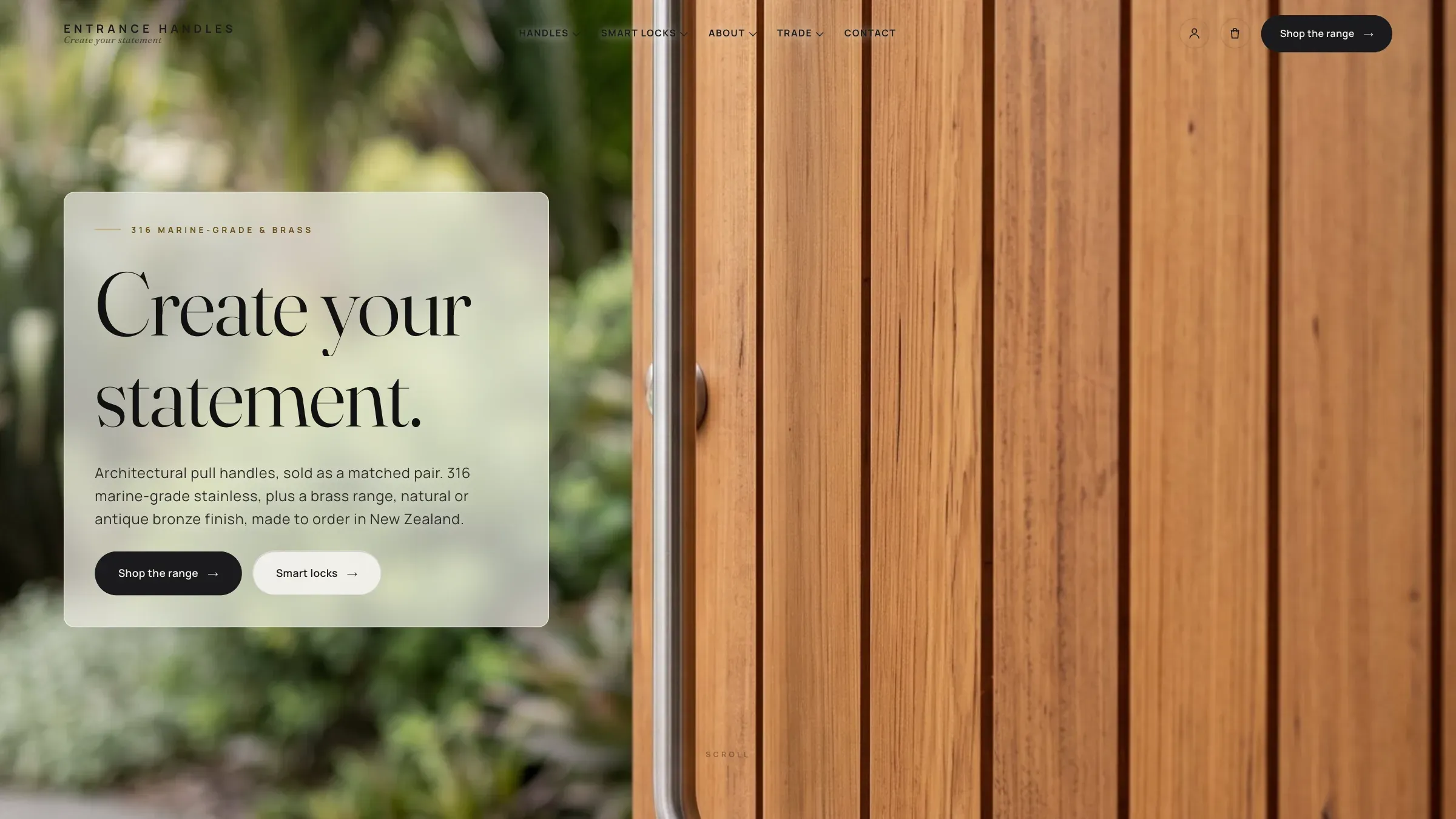 Entrance Handles home page, the first screen on a desktop browser