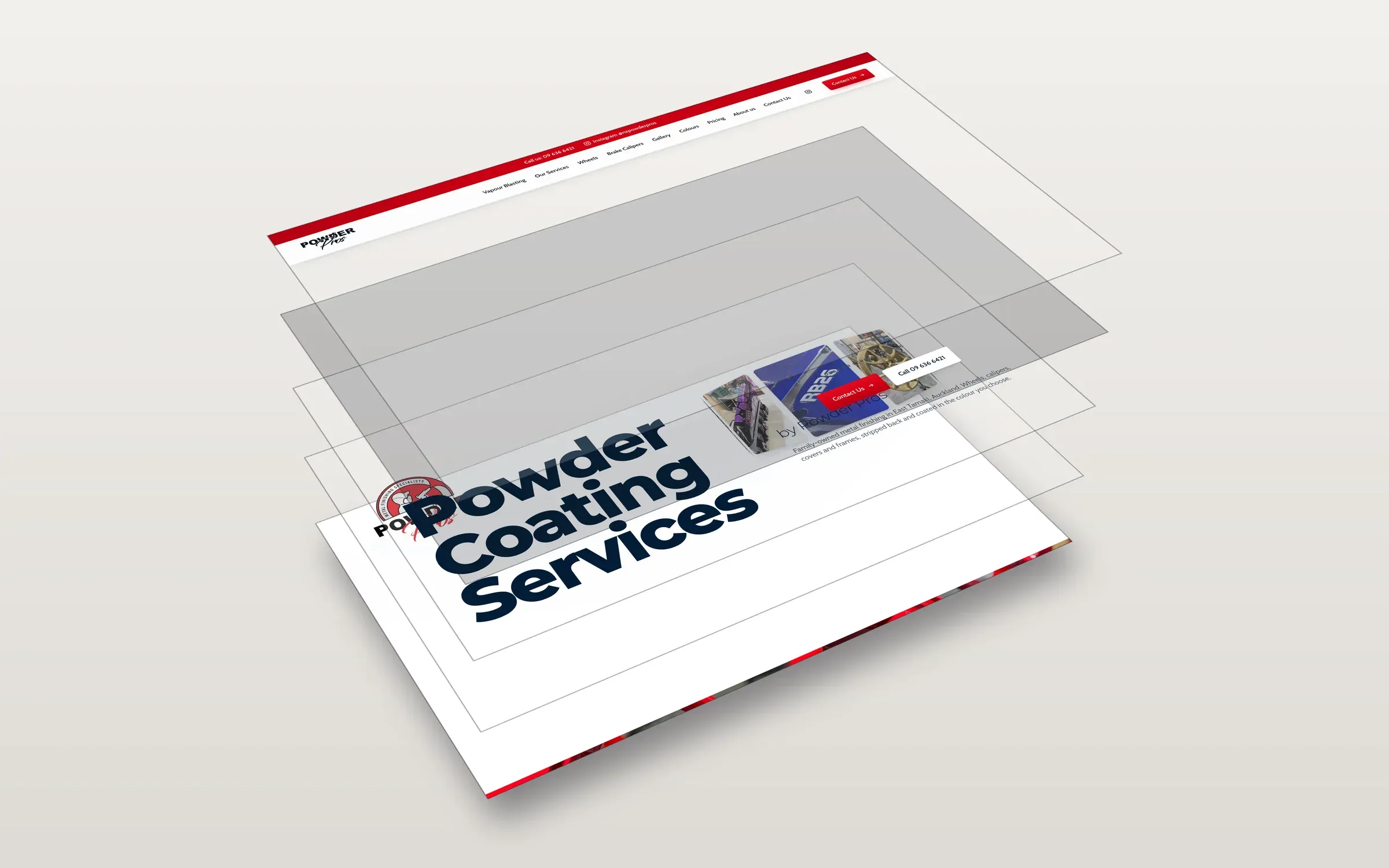 The first screen of the Powder Pros site separated into 5 layers, from background and imagery at the back to header and navigation at the front.