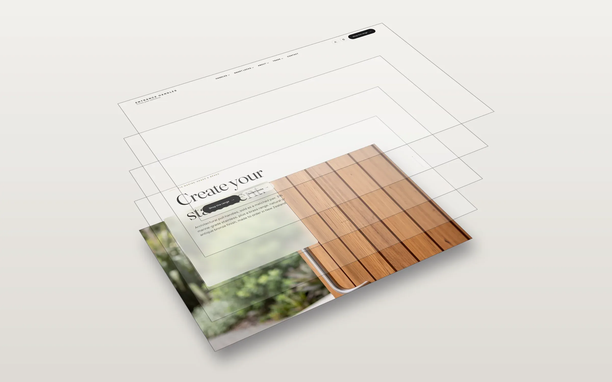 The first screen of the Entrance Handles site separated into 5 layers, from background and imagery at the back to header and navigation at the front.