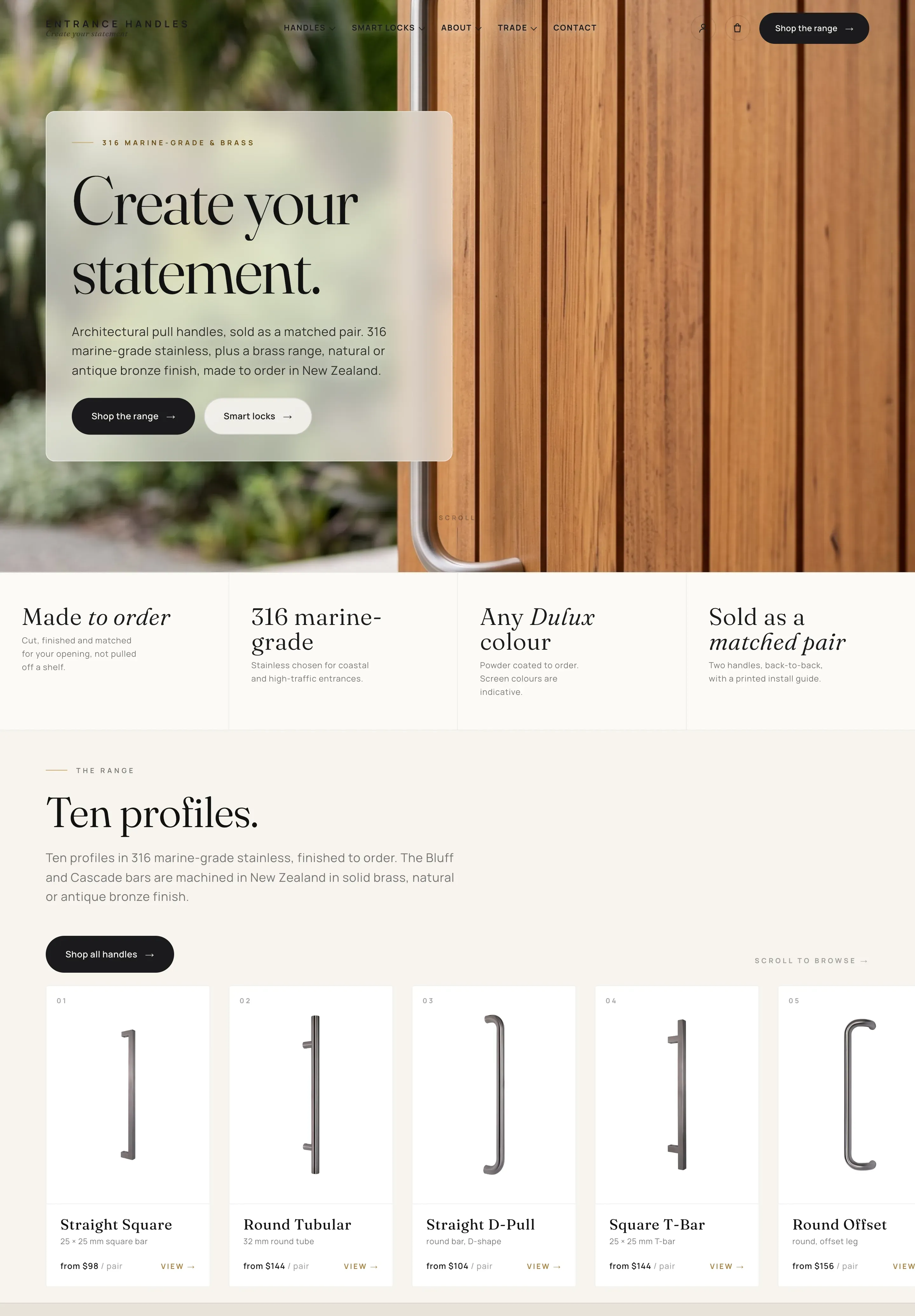 Entrance Handles home page on a desktop browser, from the top
