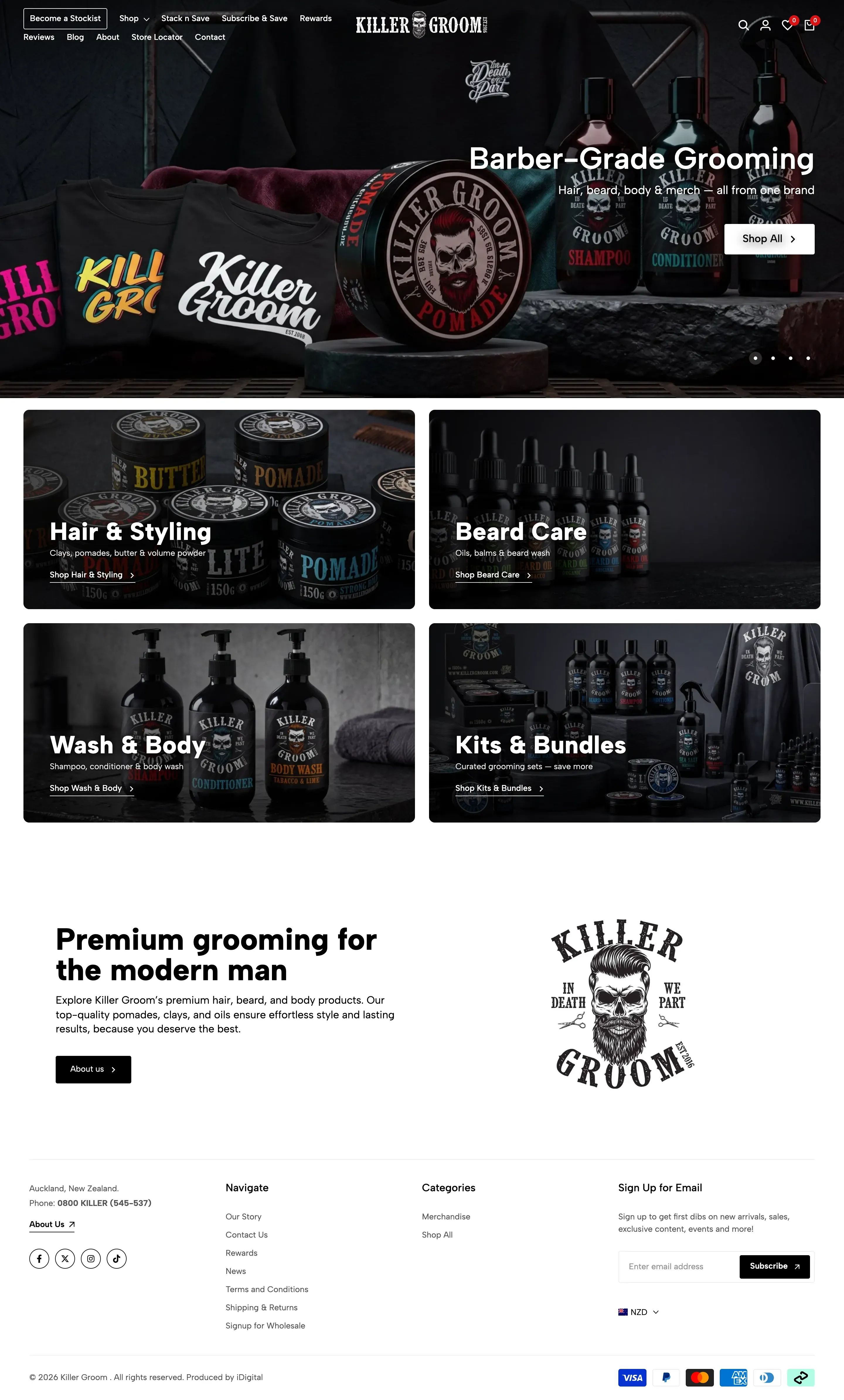 Killer Groom home page on a desktop browser, from the top