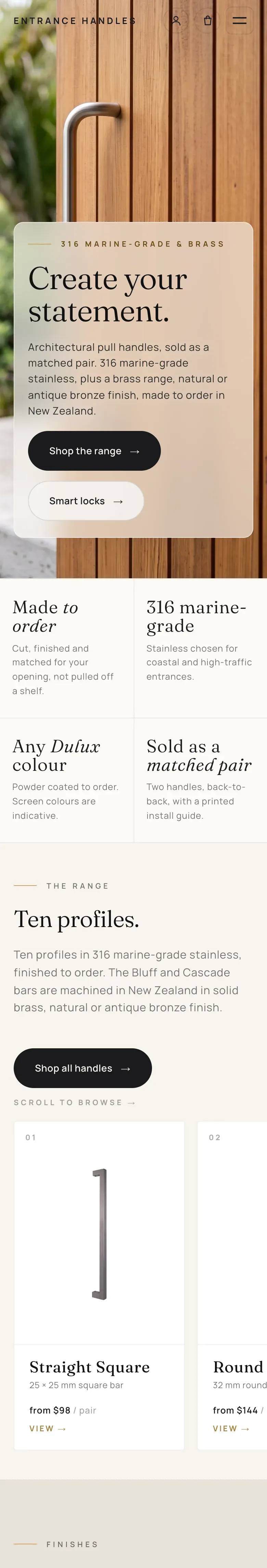 Entrance Handles home page on a phone, from the top