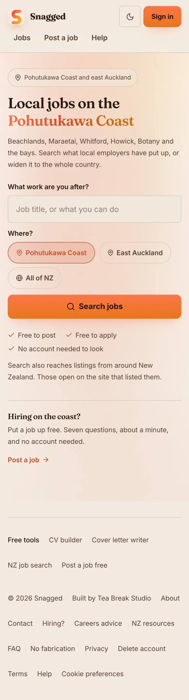 Snagged home page on a phone, from the top