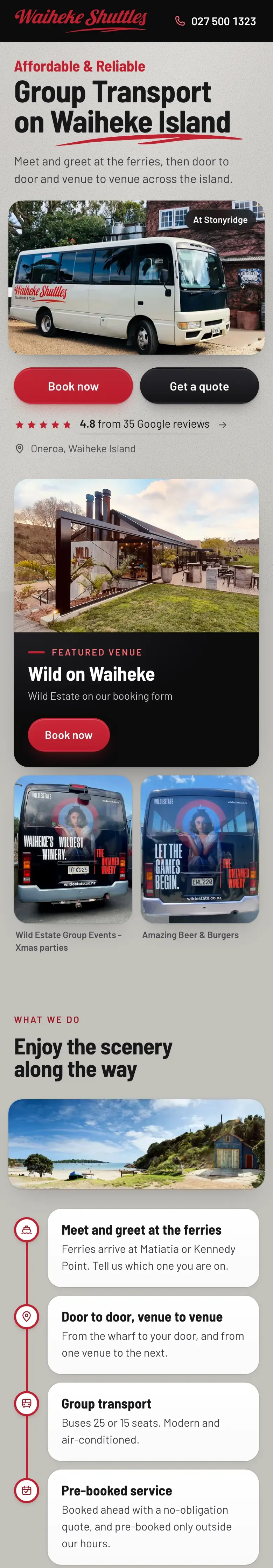 The same Waiheke Shuttles page on a phone.
