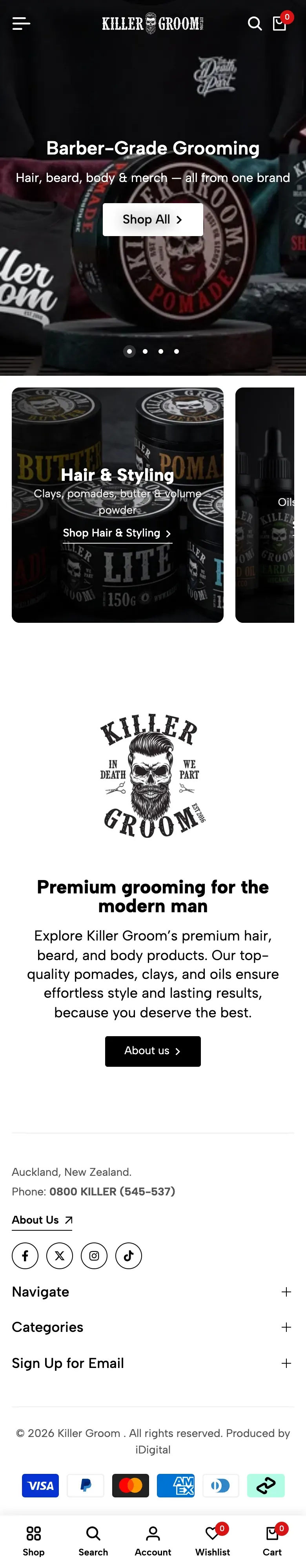 Killer Groom home page on a phone, from the top