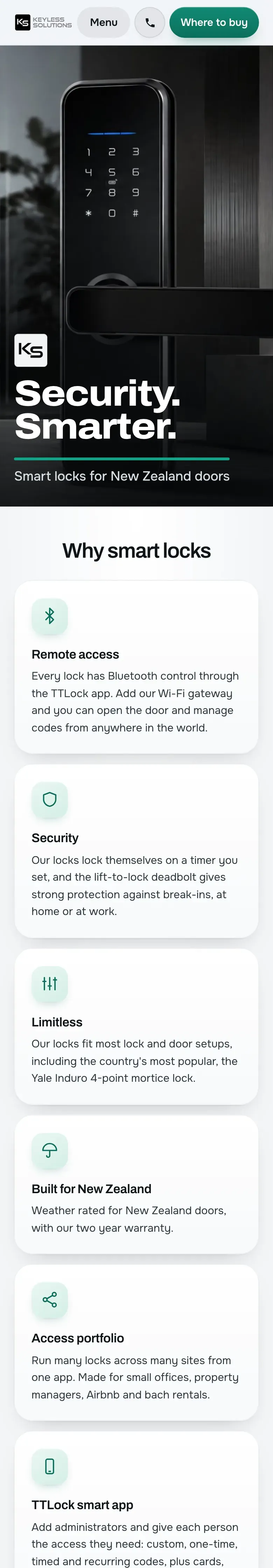 The same Keyless Solutions page on a phone.