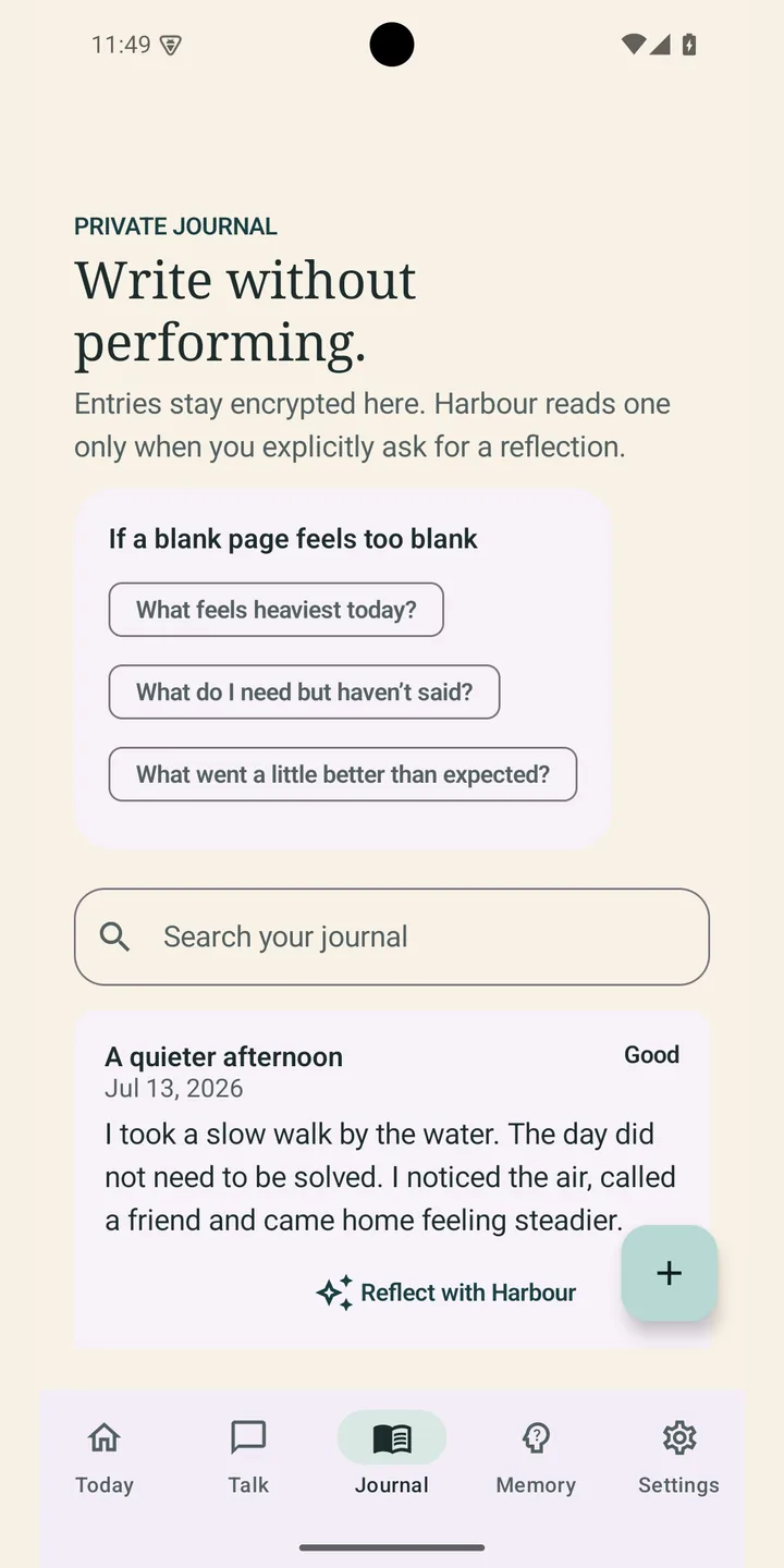 The Harbour Thoughts journal screen on a phone, showing writing prompts, a search box and a saved entry.