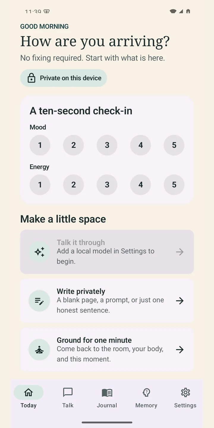 The Harbour Thoughts home screen on a phone, showing a ten-second mood and energy check-in and three ways to start.