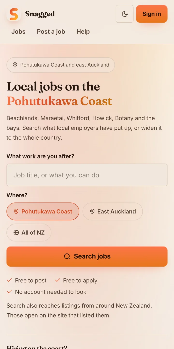 The Snagged home screen on a phone, showing a local job search for the Pohutukawa Coast.