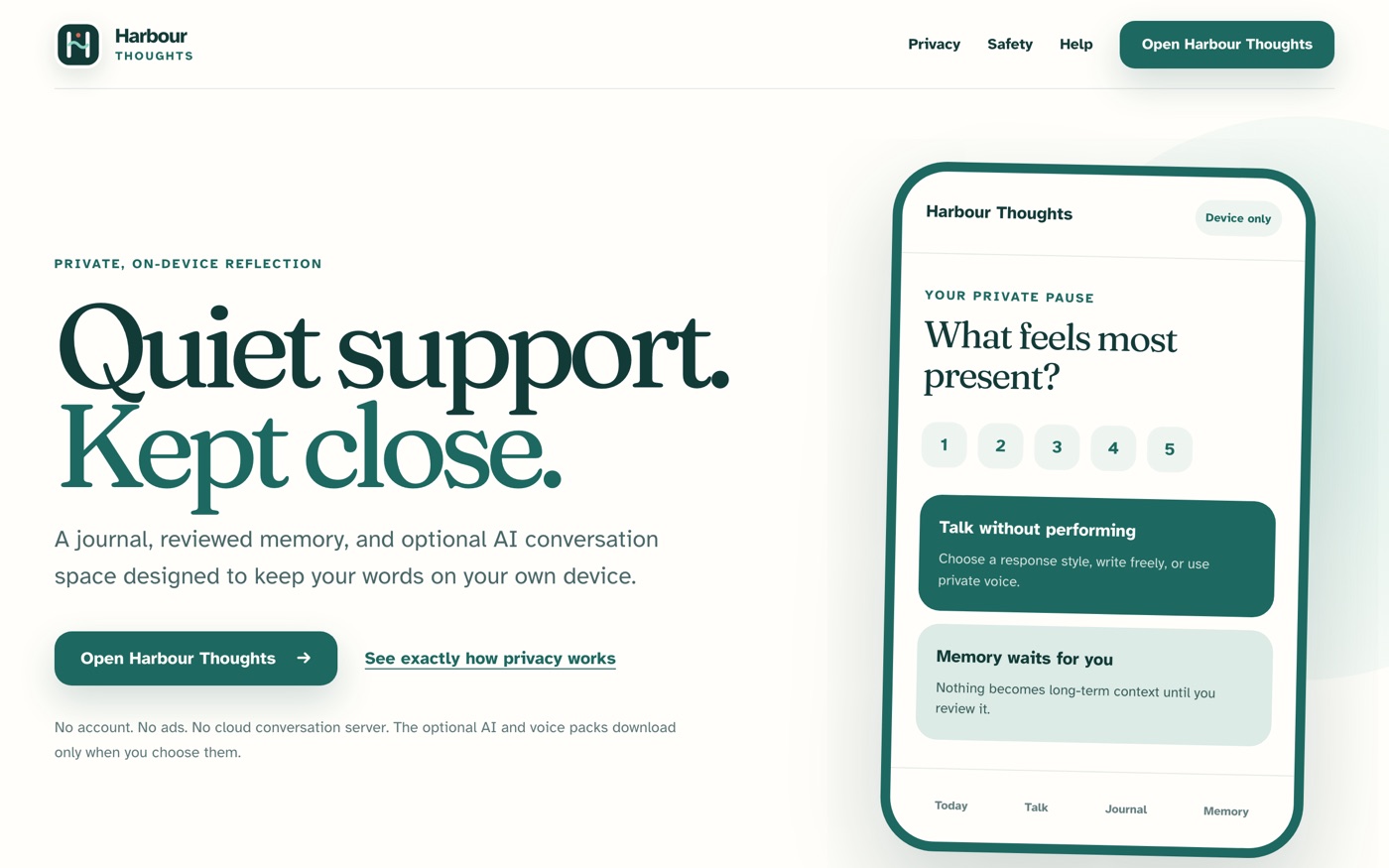 The live Harbour Thoughts homepage: a private journaling app