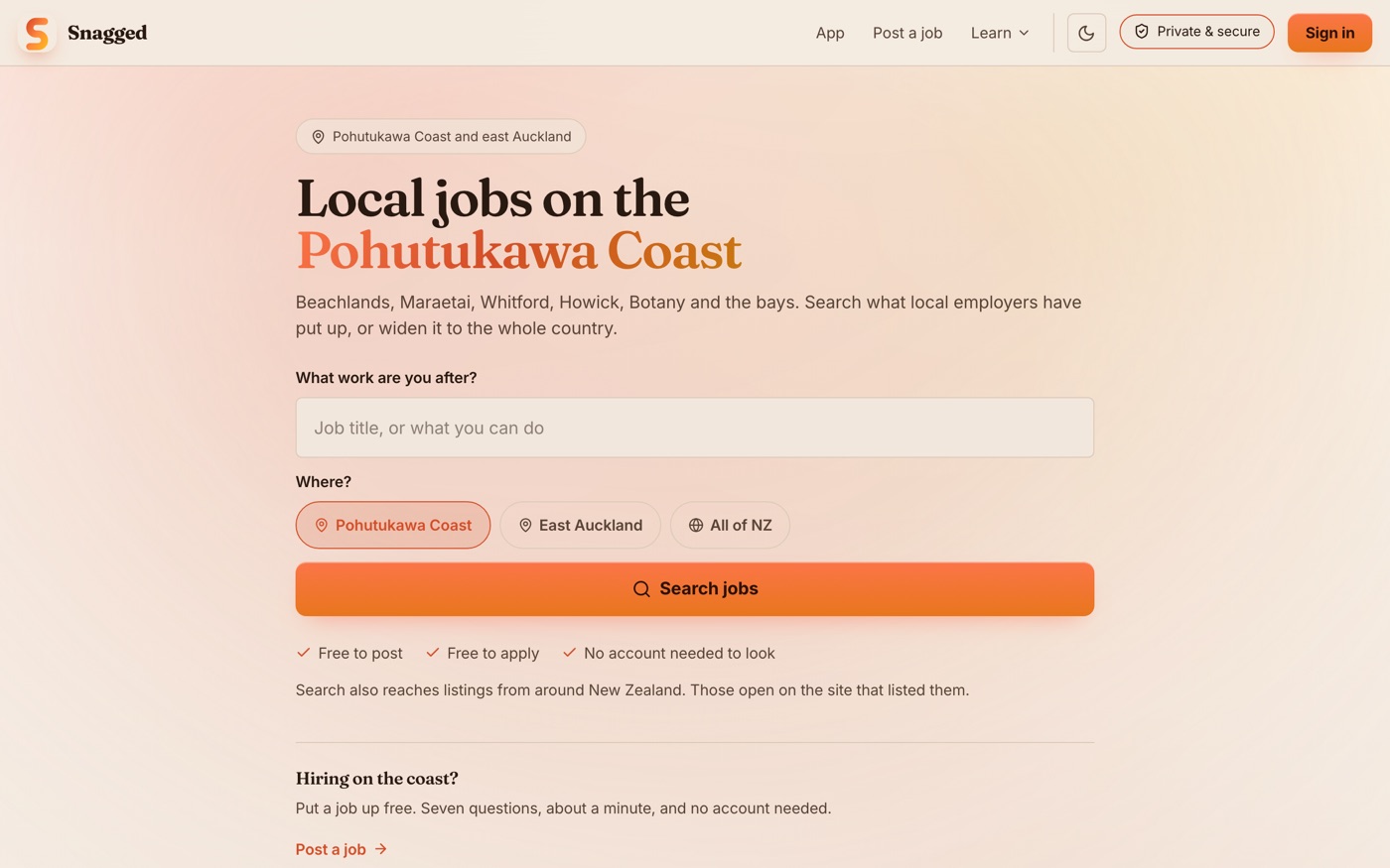 The live Snagged homepage: local job search for the Pohutukawa Coast