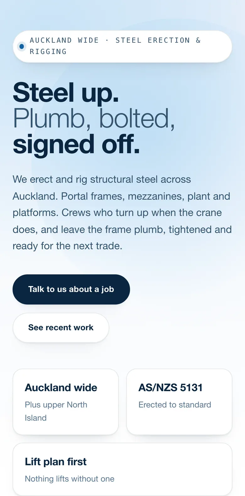 The same Construction company page on a phone.