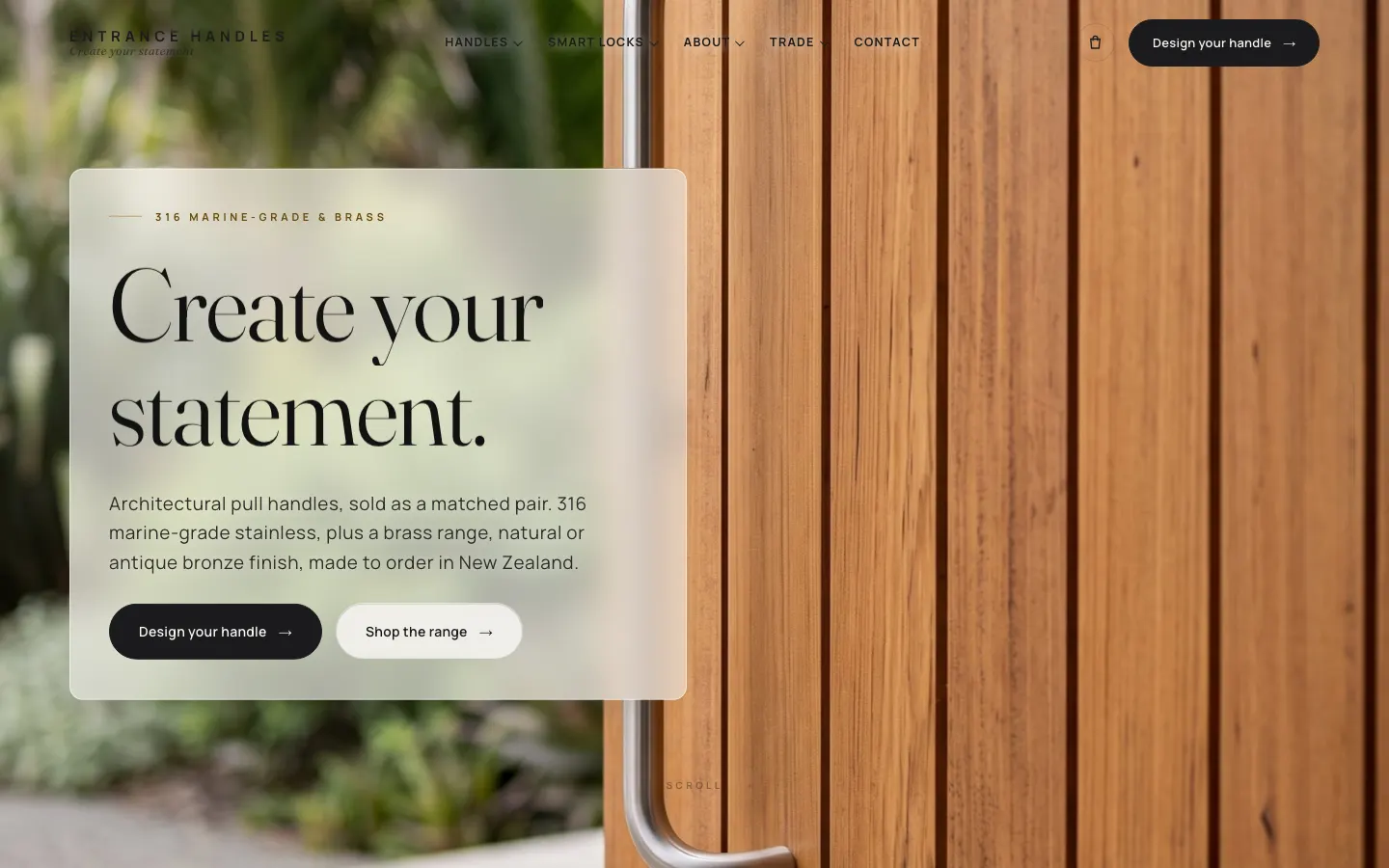Entrance Handles website, shown on a desktop screen
