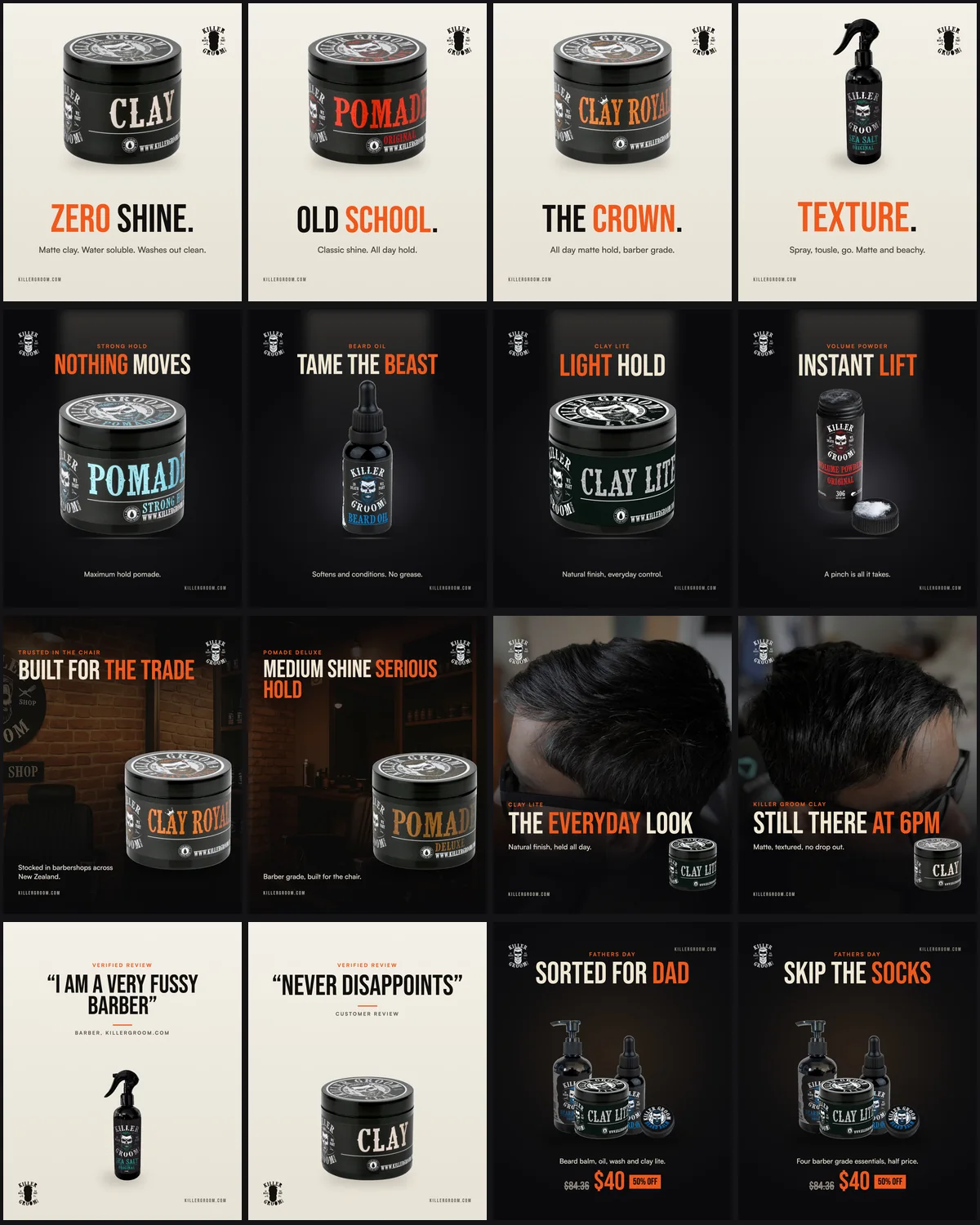 A sixteen-tile Killer Groom Instagram ad set from one campaign.
