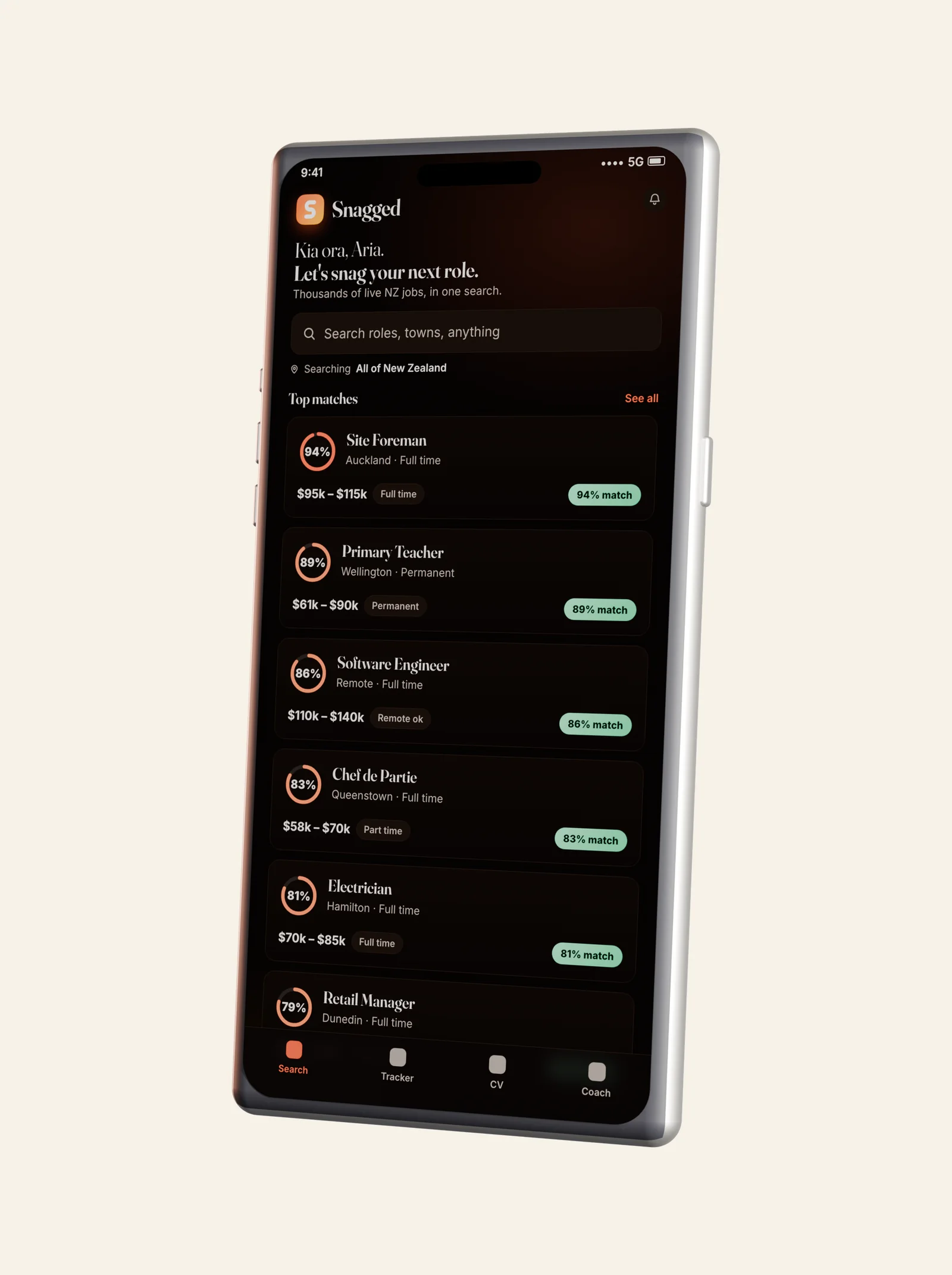 Hero artwork for the Snagged launch: a 3D phone showing the real app on screen.