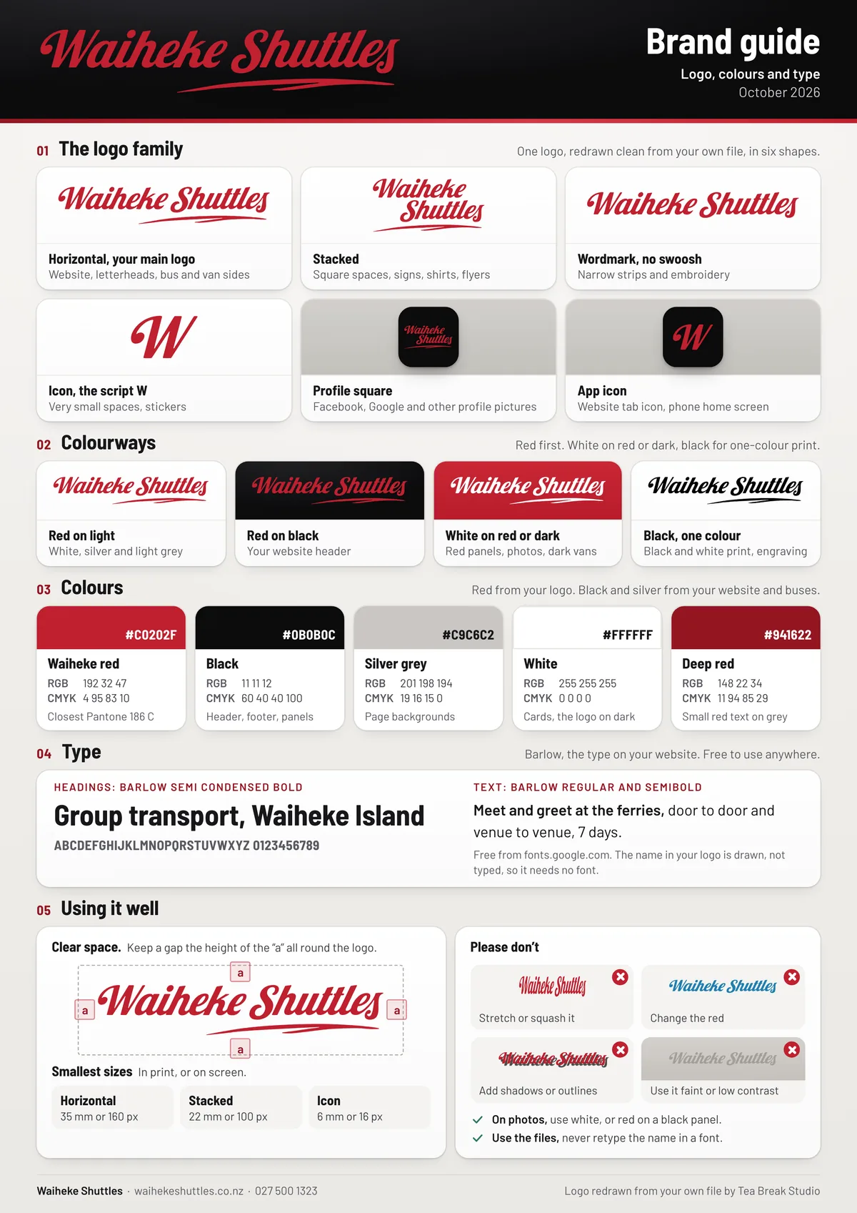 Waiheke Shuttles: The brand guide from the brand kit: the logo redrawn clean in six shapes, with colours and type.