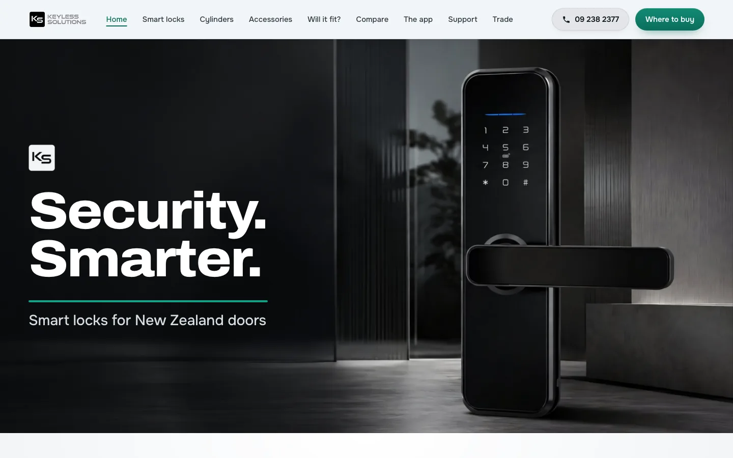 Product website for Keyless Solutions, on a desktop browser