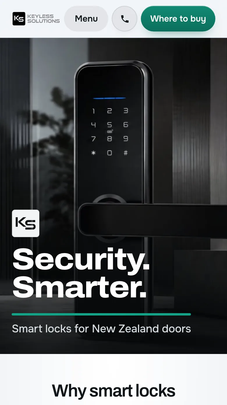 Product website for Keyless Solutions, on a phone