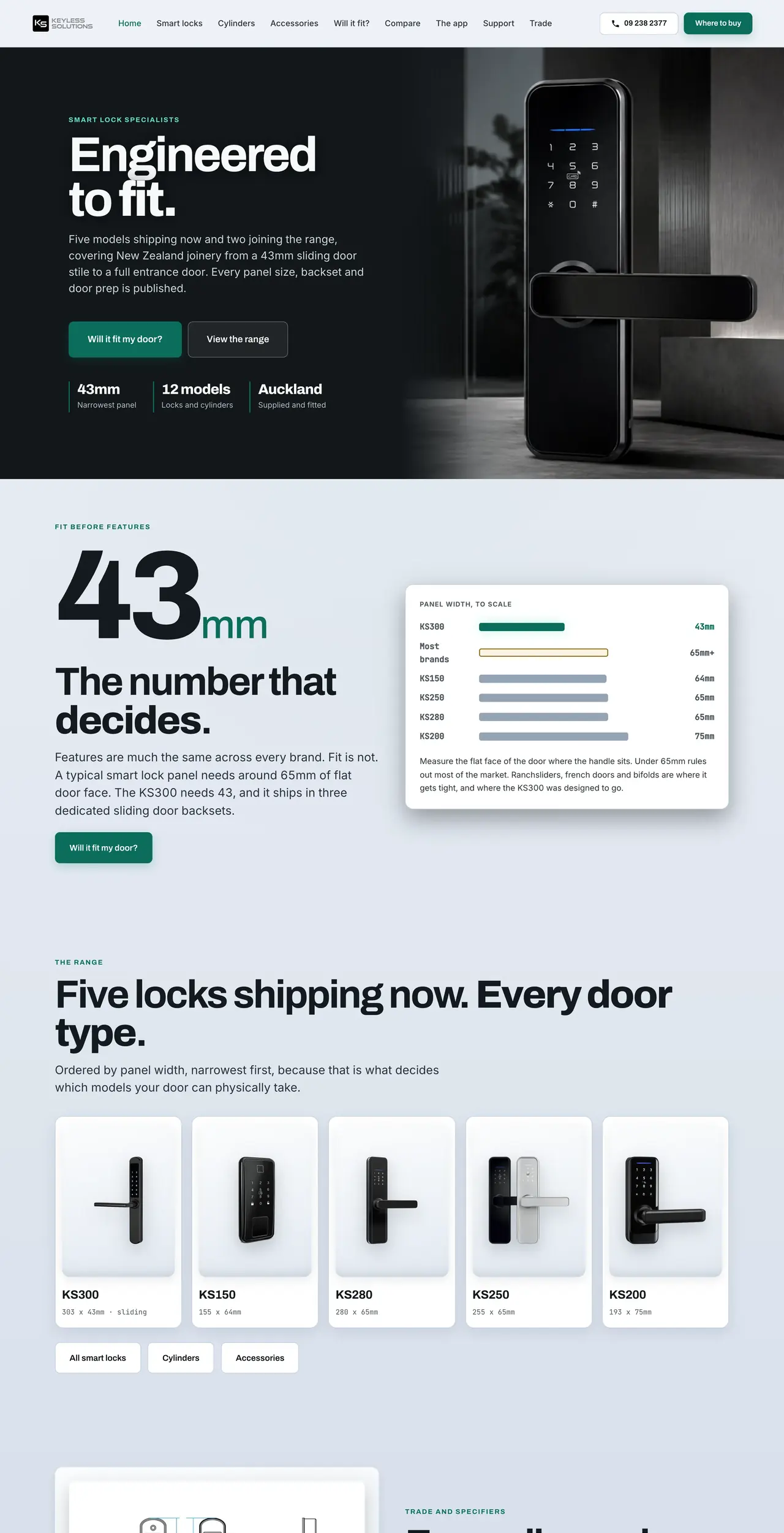 The Keyless Solutions home page. A black smart lock beside the words Engineered to fit.