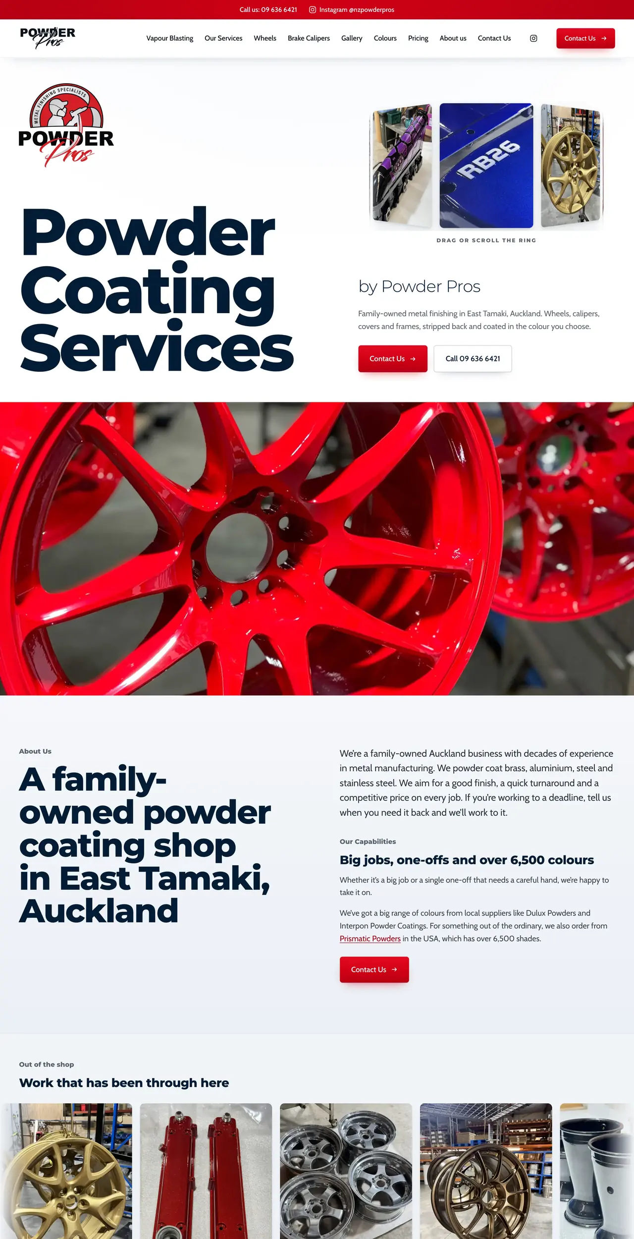 The Powder Pros home page. Powder Coating Services in large type, above a red powder coated wheel.