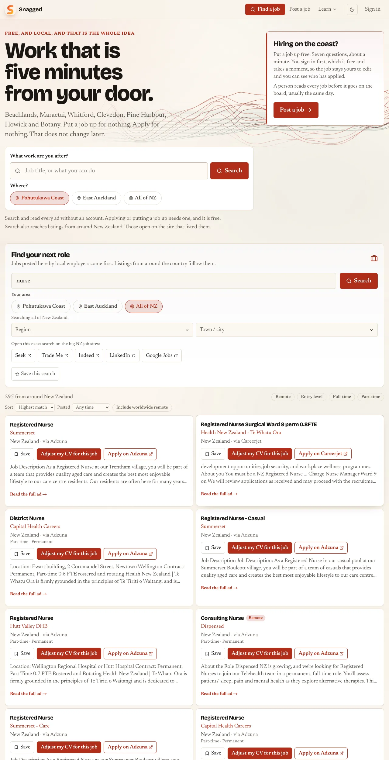 The Snagged home page, with a job search box under the words Work that is five minutes from your door.