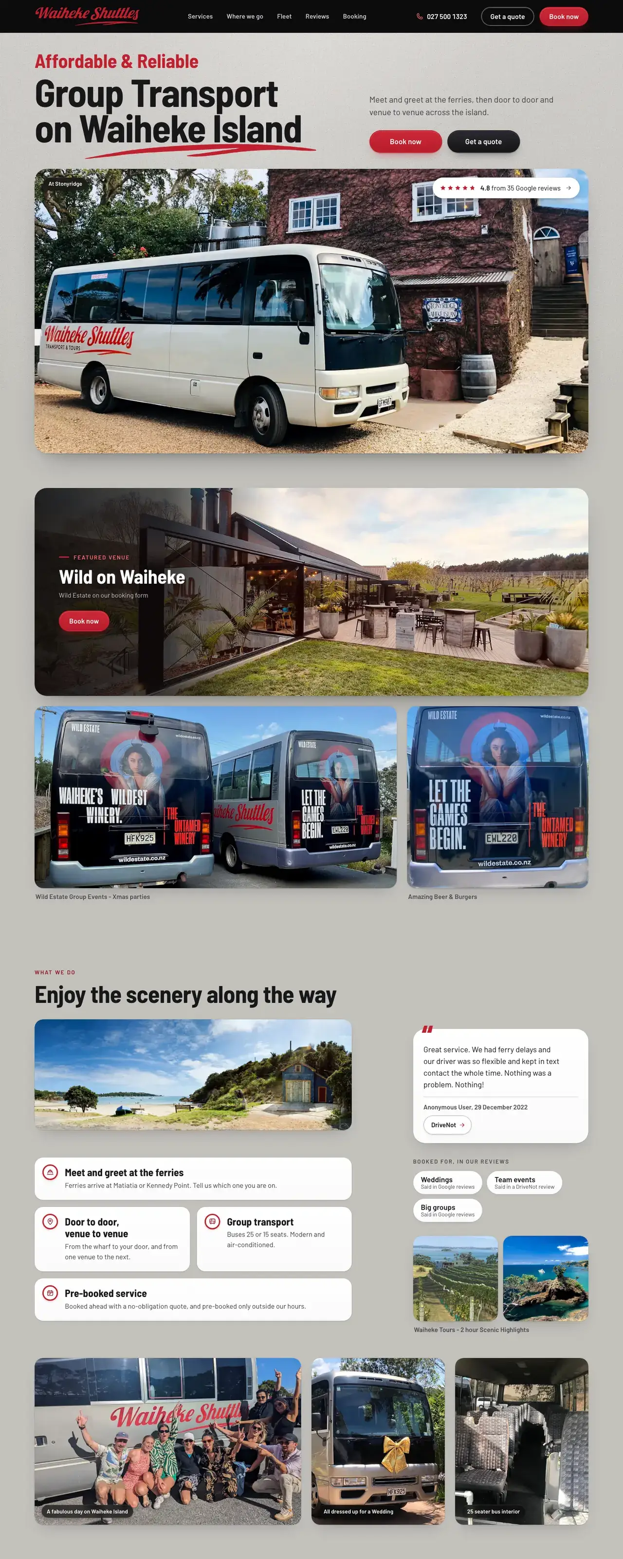 The Waiheke Shuttles home page. Group Transport on Waiheke Island, above a photo of a shuttle bus.