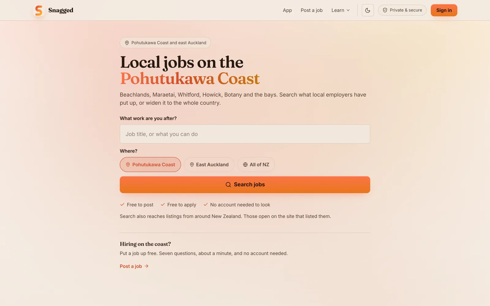Snagged website, shown on a desktop screen