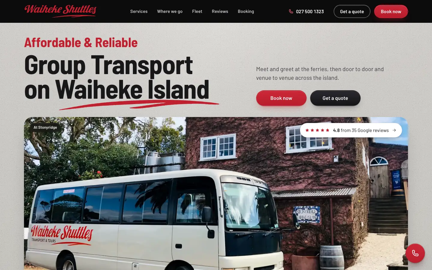 The Waiheke Shuttles home page in a desktop browser