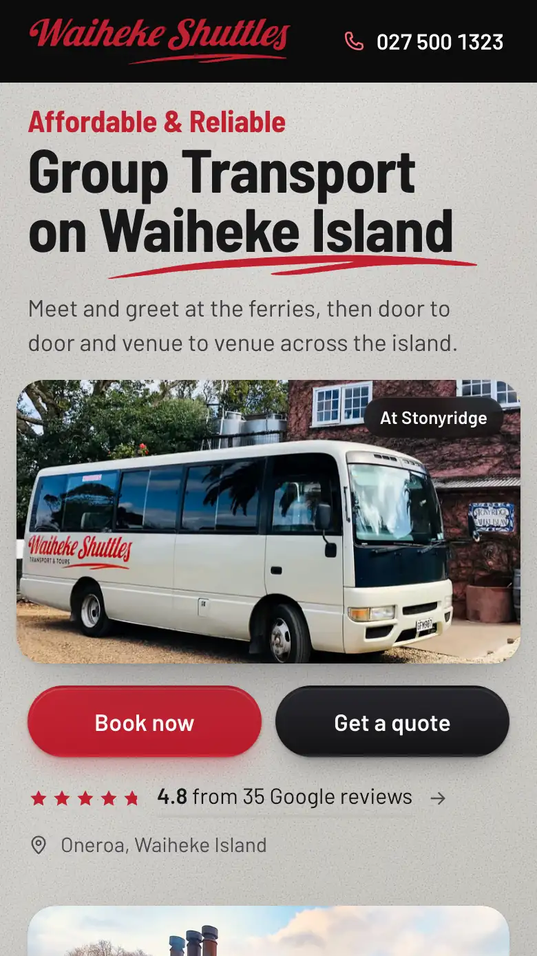 The Waiheke Shuttles home page on a phone